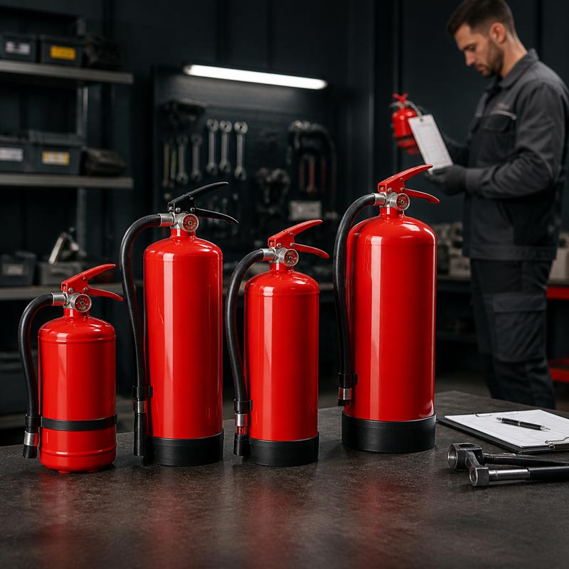 Commercial fire extinguishers prepared for inspection and service